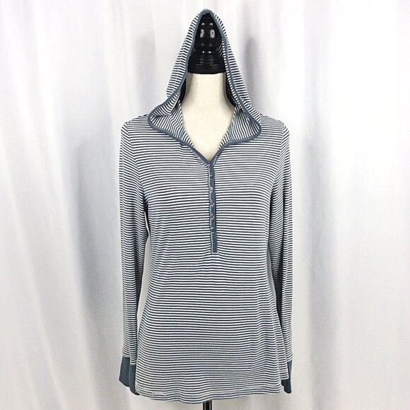 Aventura Hoodie Top Womens Medium Slate Blue Striped Jersey Knit Henley Bamboo - Picture 1 of 10